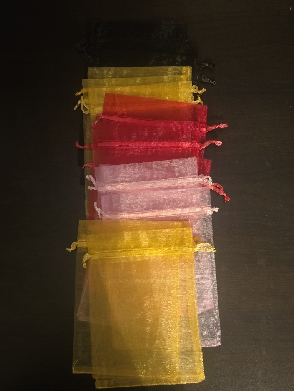 Sheer Organza Drawstring Pouches - Yellow, Pink, Red, Black,15 Pieces